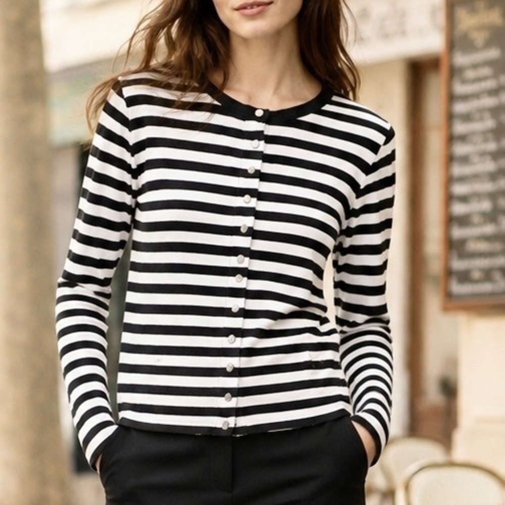 Vintage Agnes B. Astro Cardigan Black White Stripe French Girl Preppy BTC Sz 2 M